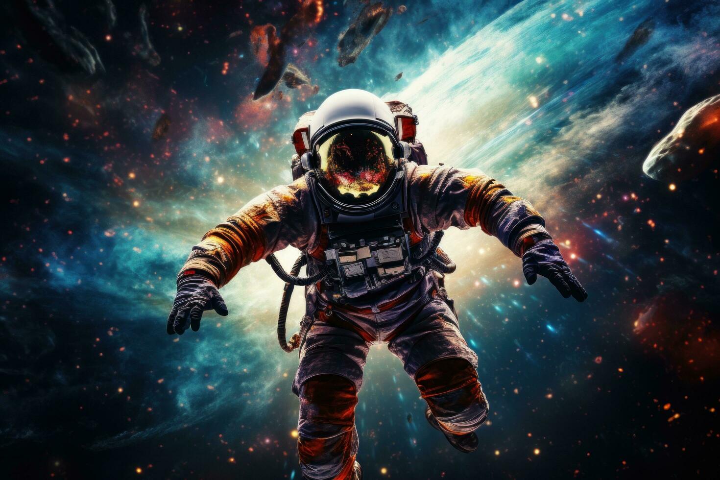 AI generated Vibrant astronaut in space, surrounded by cosmic wonders, offering ample copy space for text photo