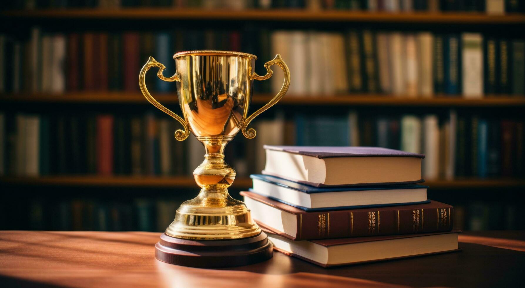 AI generated image of cup sitting atop books on a table photo
