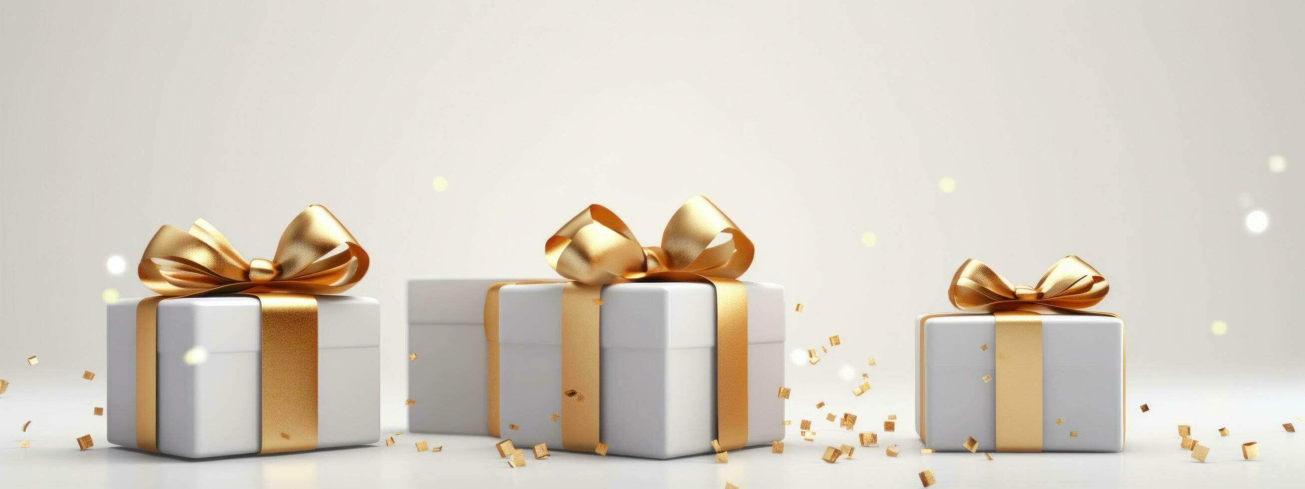 AI generated three gift boxes with golden ribbons on grey background photo