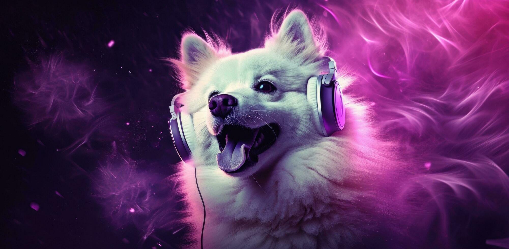AI generated the dog is listening to music and has a purple headphone photo
