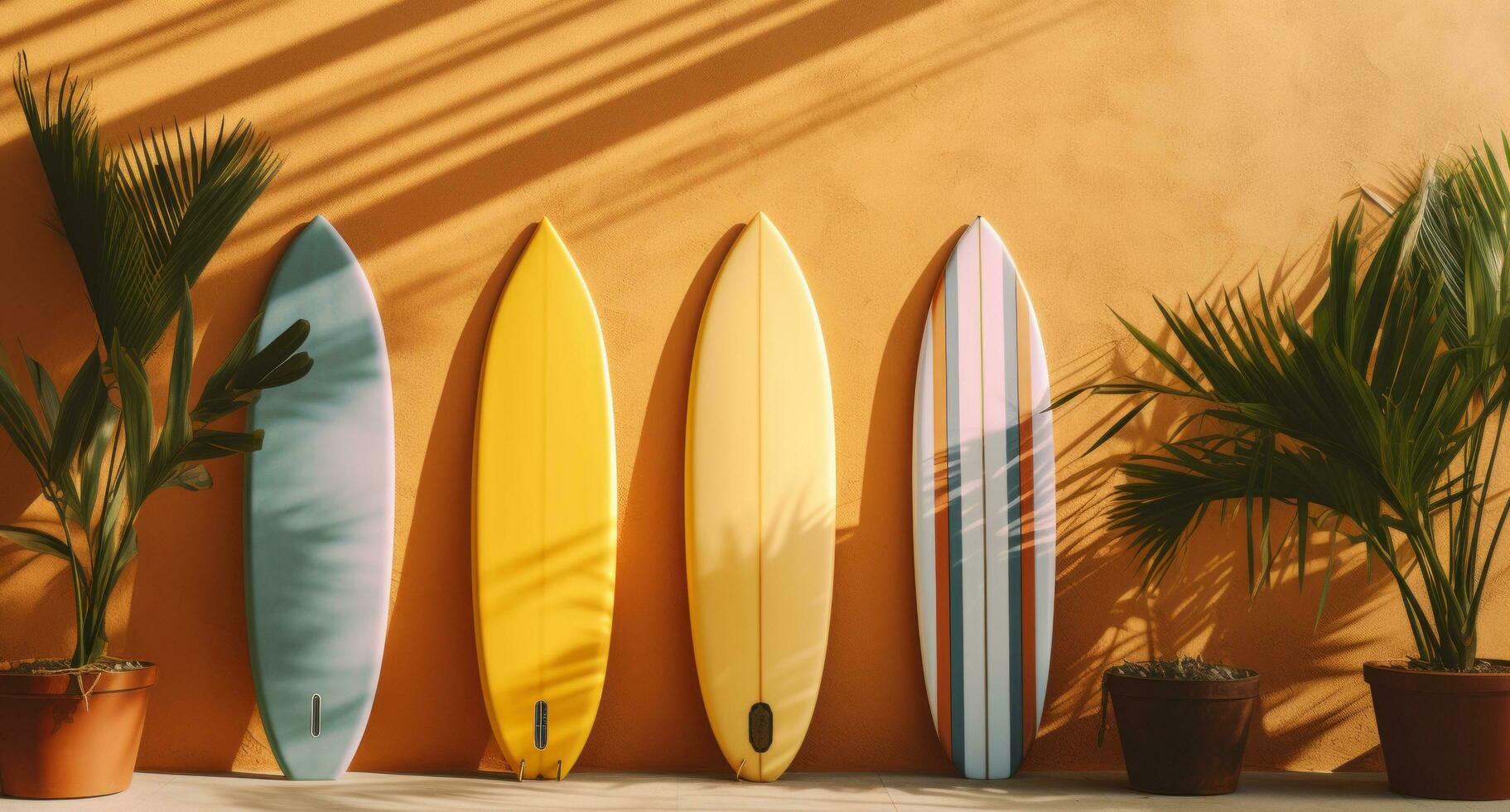 AI generated three surfboards against a yellow wall photo