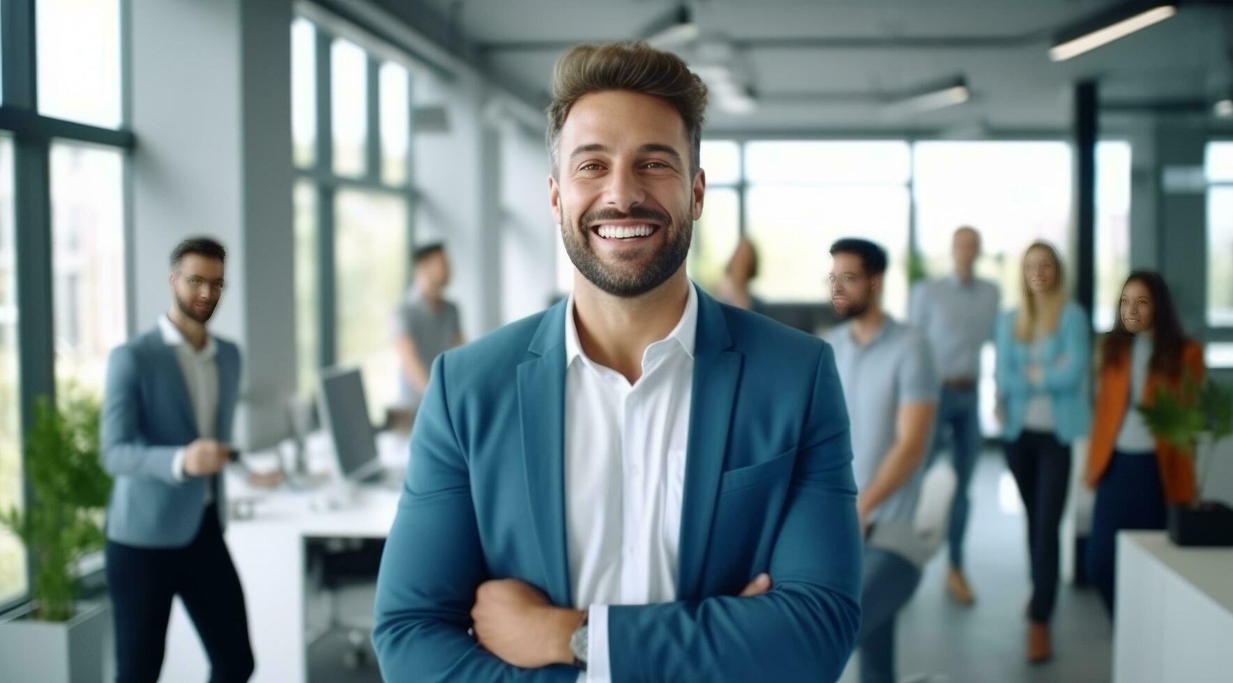 AI generated man smiling in office, with others around business photo