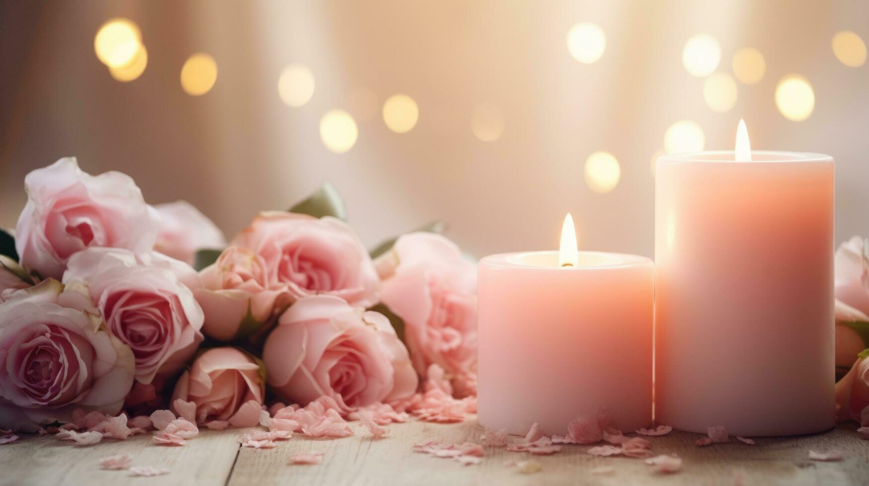 AI generated Wedding background, candles, delicate decor, and space for love-filled declarations photo