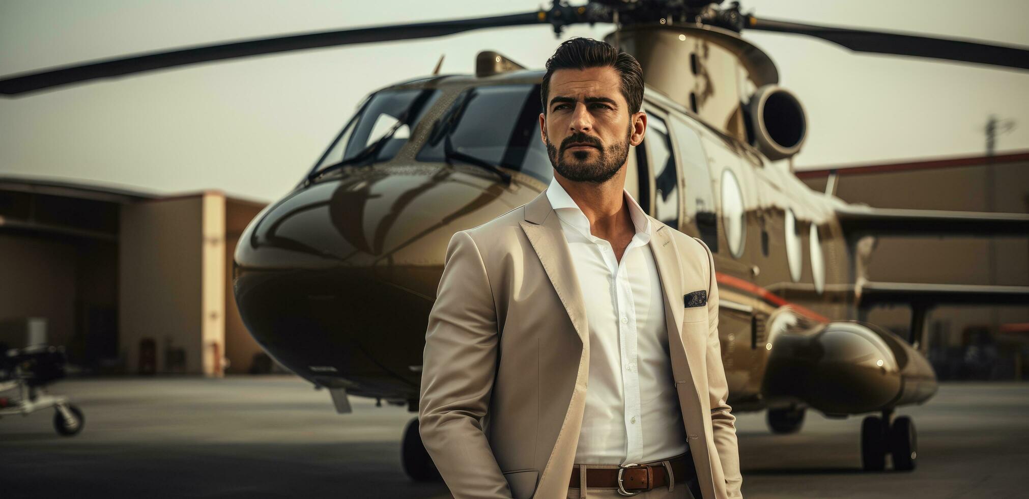 AI generated a man in arabic standing in front of a large helicopter in front of city photo