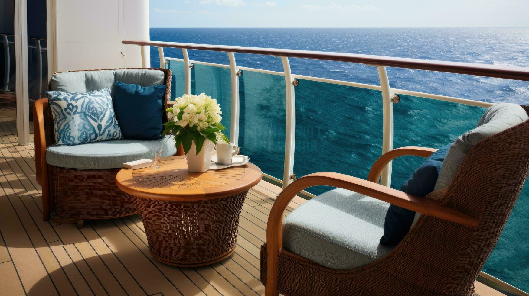 AI generated A close-up of a luxurious cabin balcony on a cruise ship photo