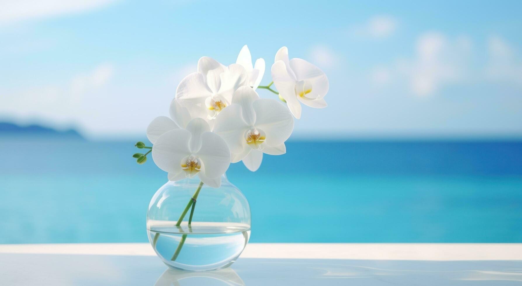 AI generated white orchid flower in a vase in an ocean view photo