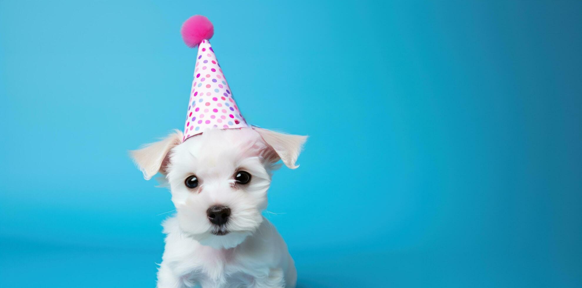 ai generado blanco perro en rosado fiesta sombrero en azul antecedentes foto