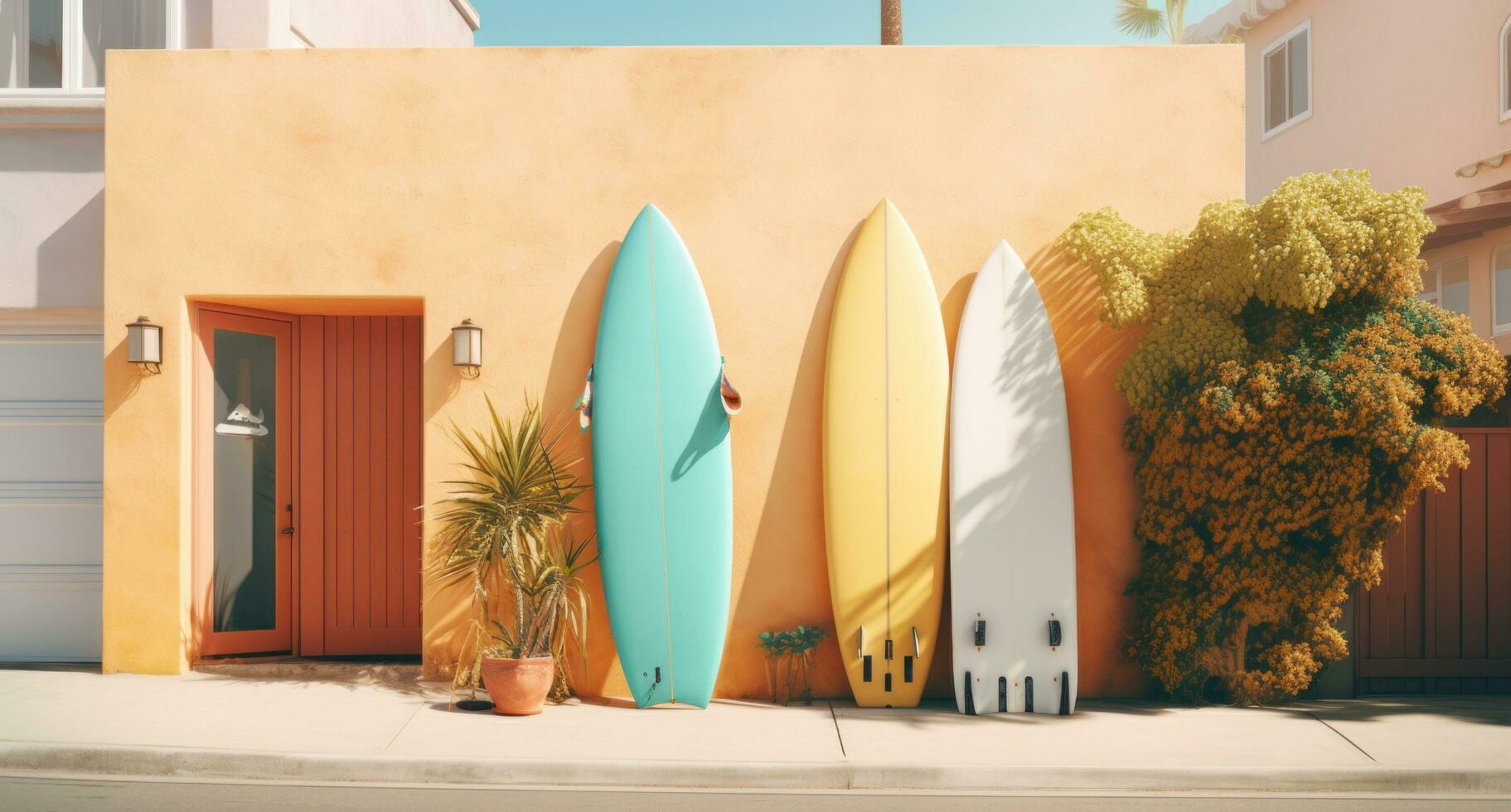 AI generated yellow surf boards lean against the side of a house photo