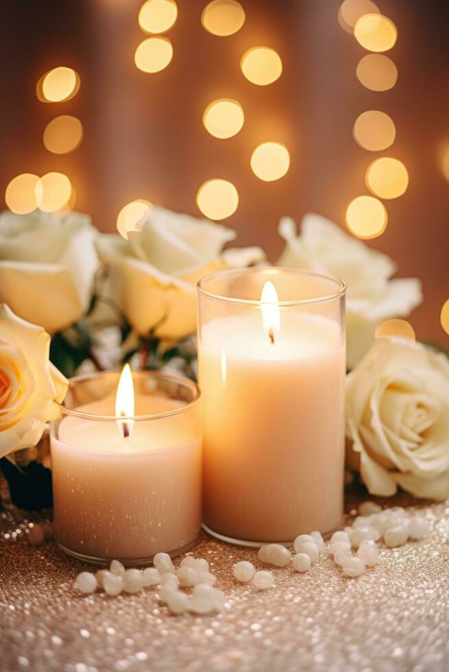 AI generated Wedding background, candles, delicate decor, and space for love-filled declarations photo