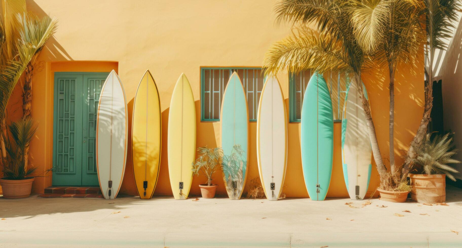 AI generated yellow surf boards lean against the side of a house photo