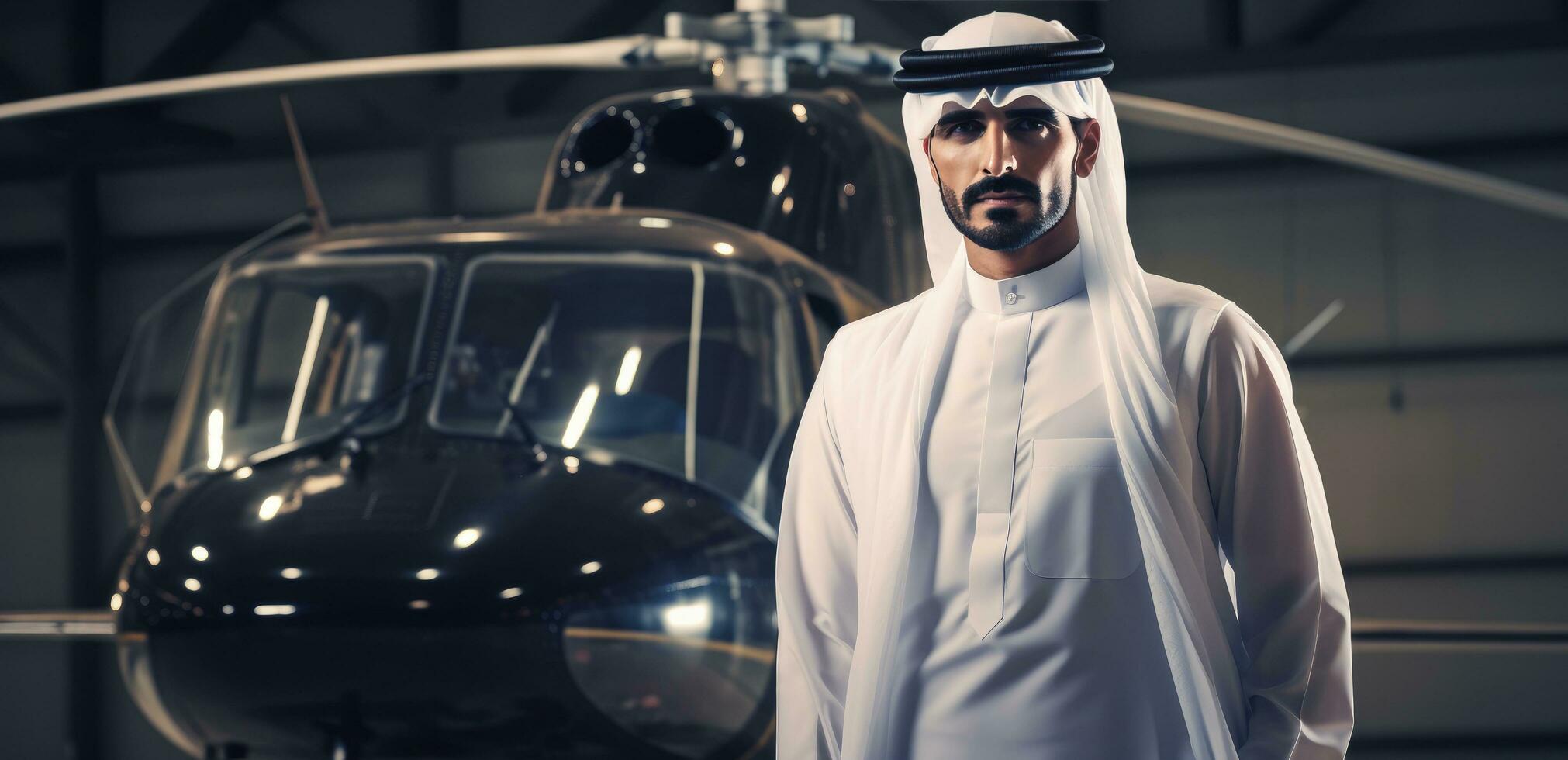 AI generated a man wearing traditional dress standing next to a helicopter photo