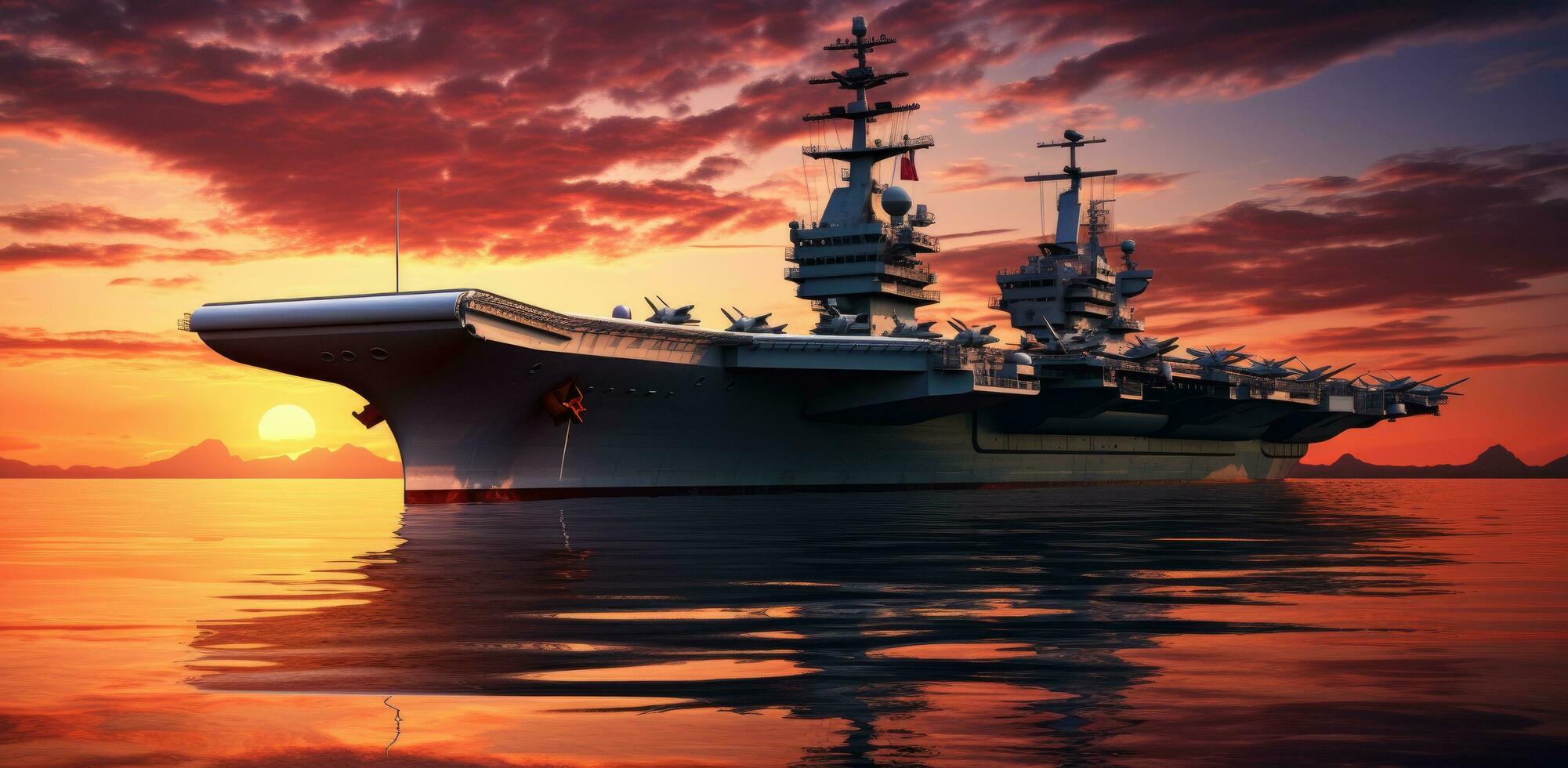 AI generated an aircraft carrier is floating on the ocean at sunset photo