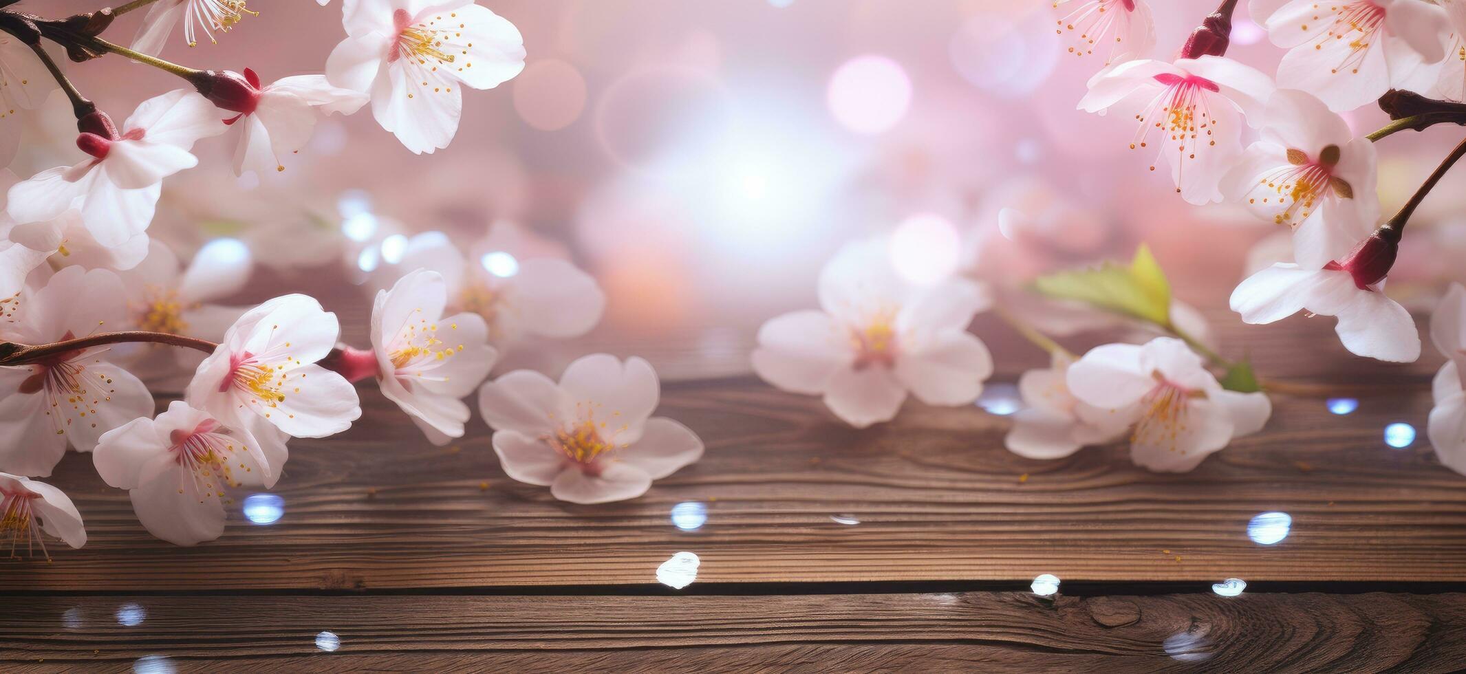 AI generated a wooden background with some white flowers floating in the background photo