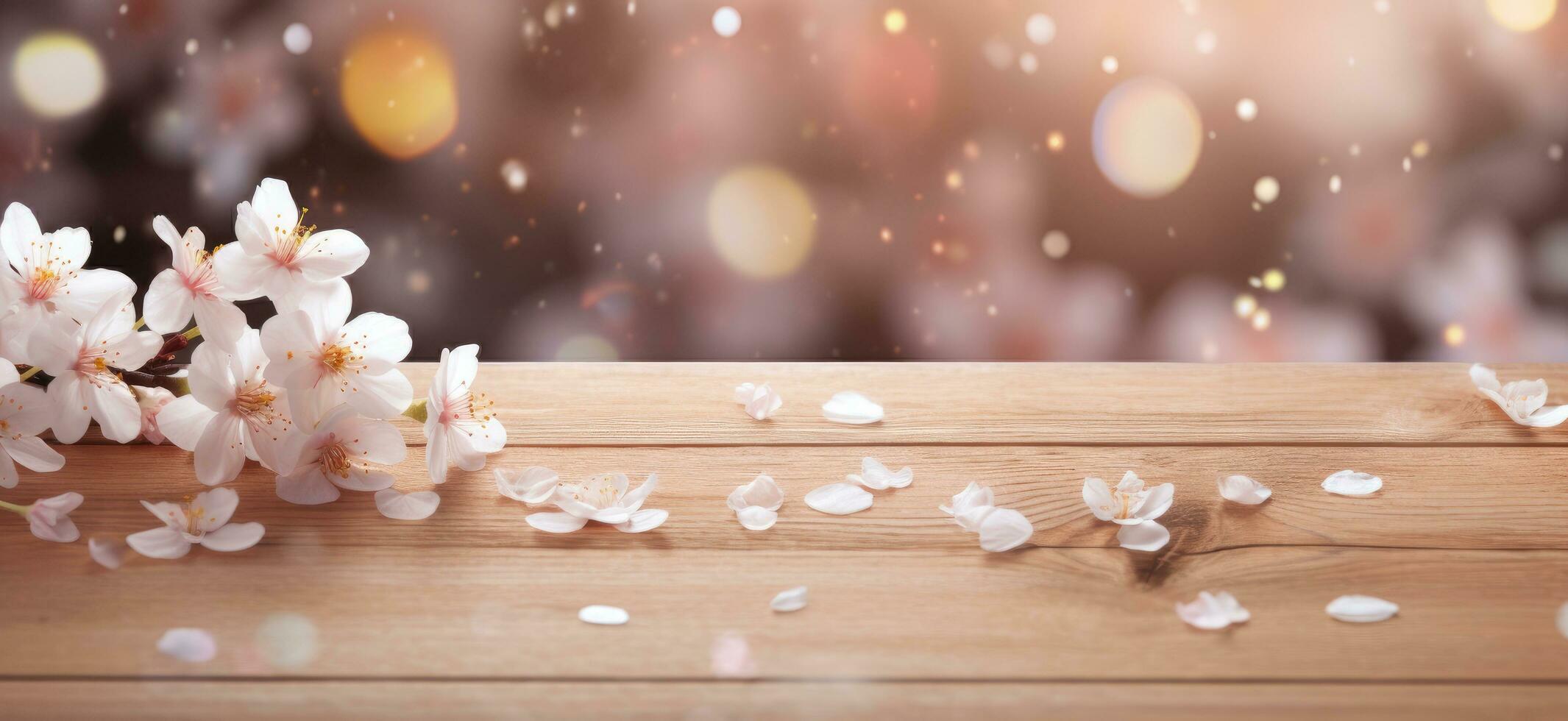 AI generated a wooden background with some white flowers floating in the background photo