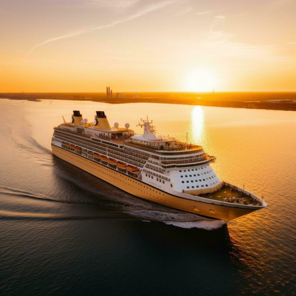 AI generated An evocative shot of a cruise ship departing from port at sunset photo