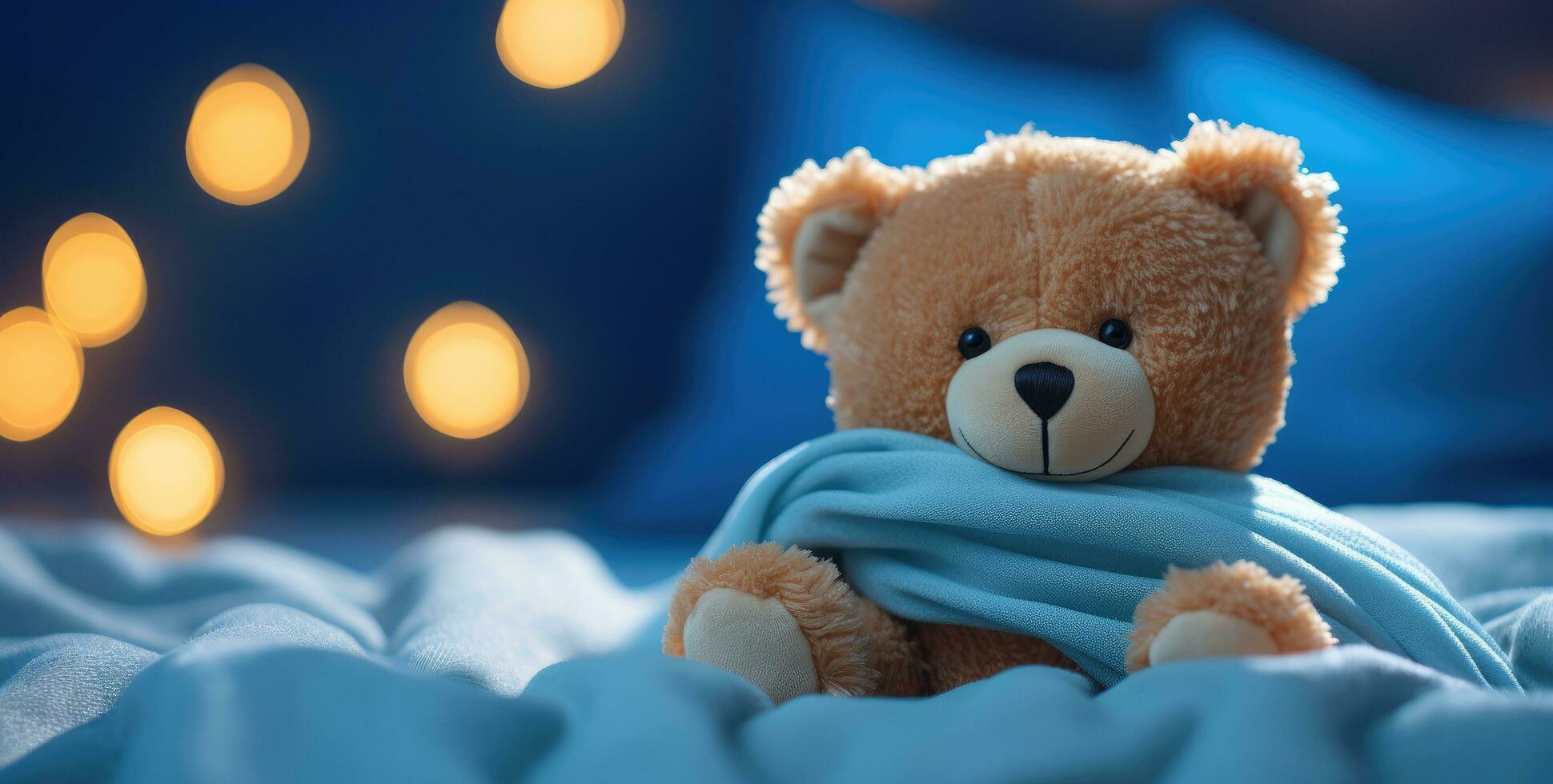 AI generated a bear is sitting on a blue blanket photo