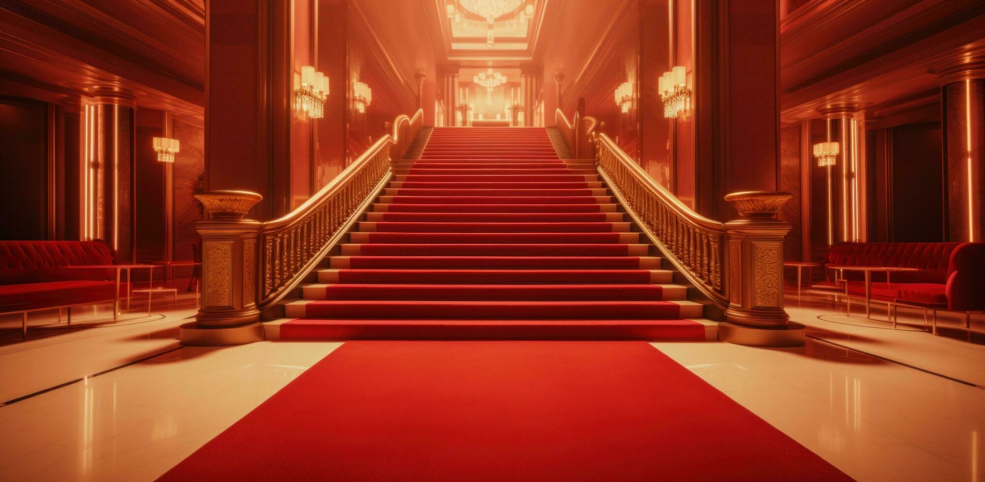 AI generated beautiful red carpet and the stairs leading into the lobby photo