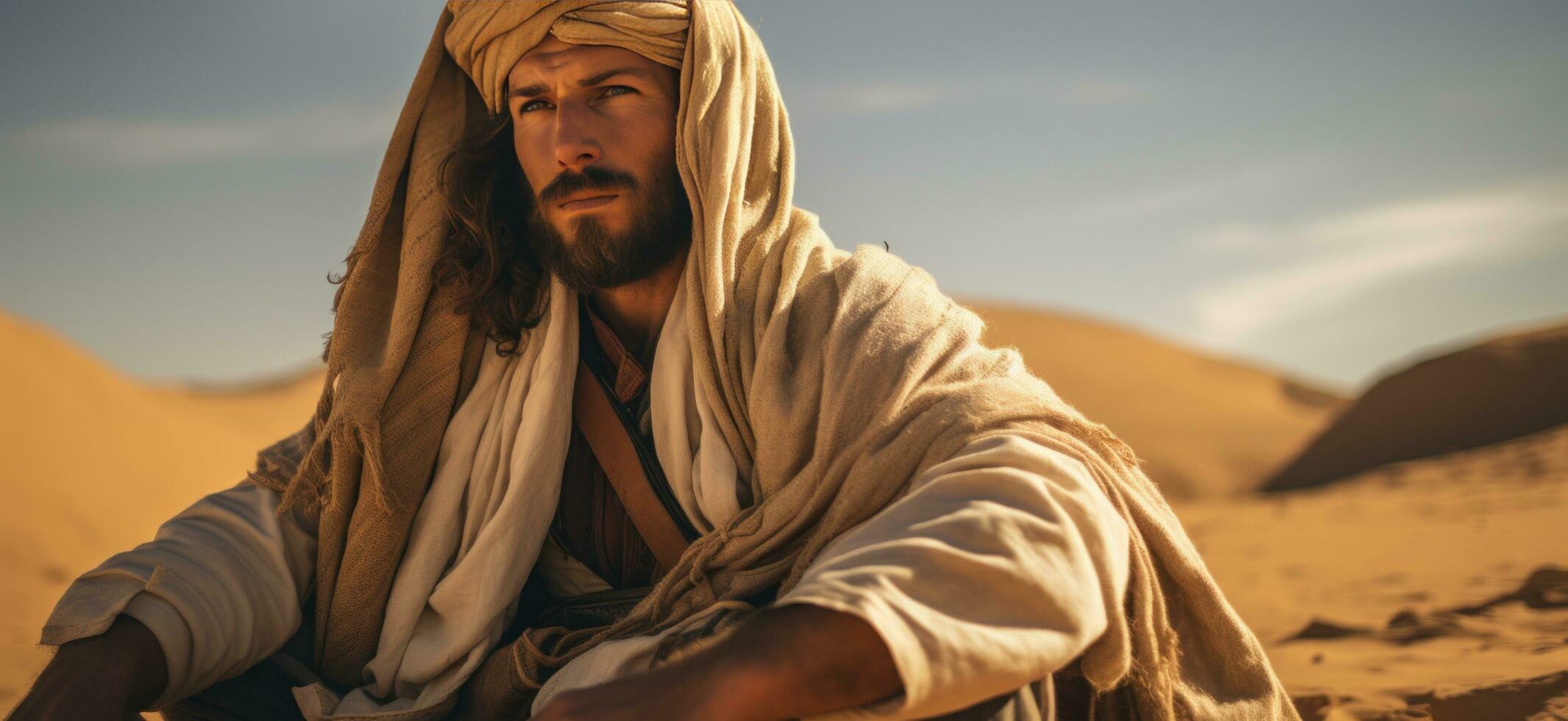 ai generado hombre en Desierto en un turbante con un abaya foto