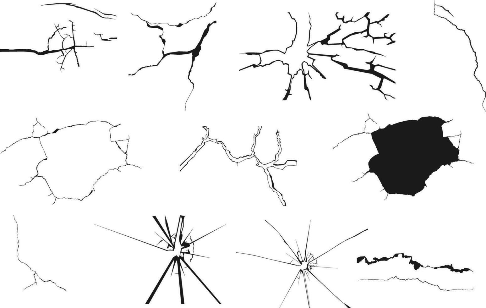 conjunto de suelo grietas, roto ventana, agrietado vaso, descanso parabrisas vaso, dañado pared textura silueta vector