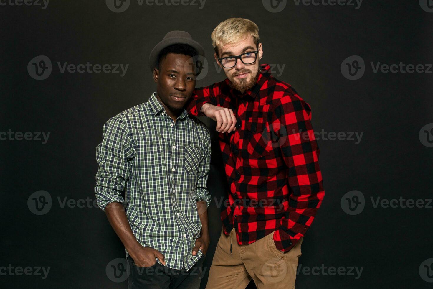 Studio shot of two stylish young men having fun. Handsome bearded hipster in a shirt in a cage standing next to his African-American friend in hat against a dark background. photo