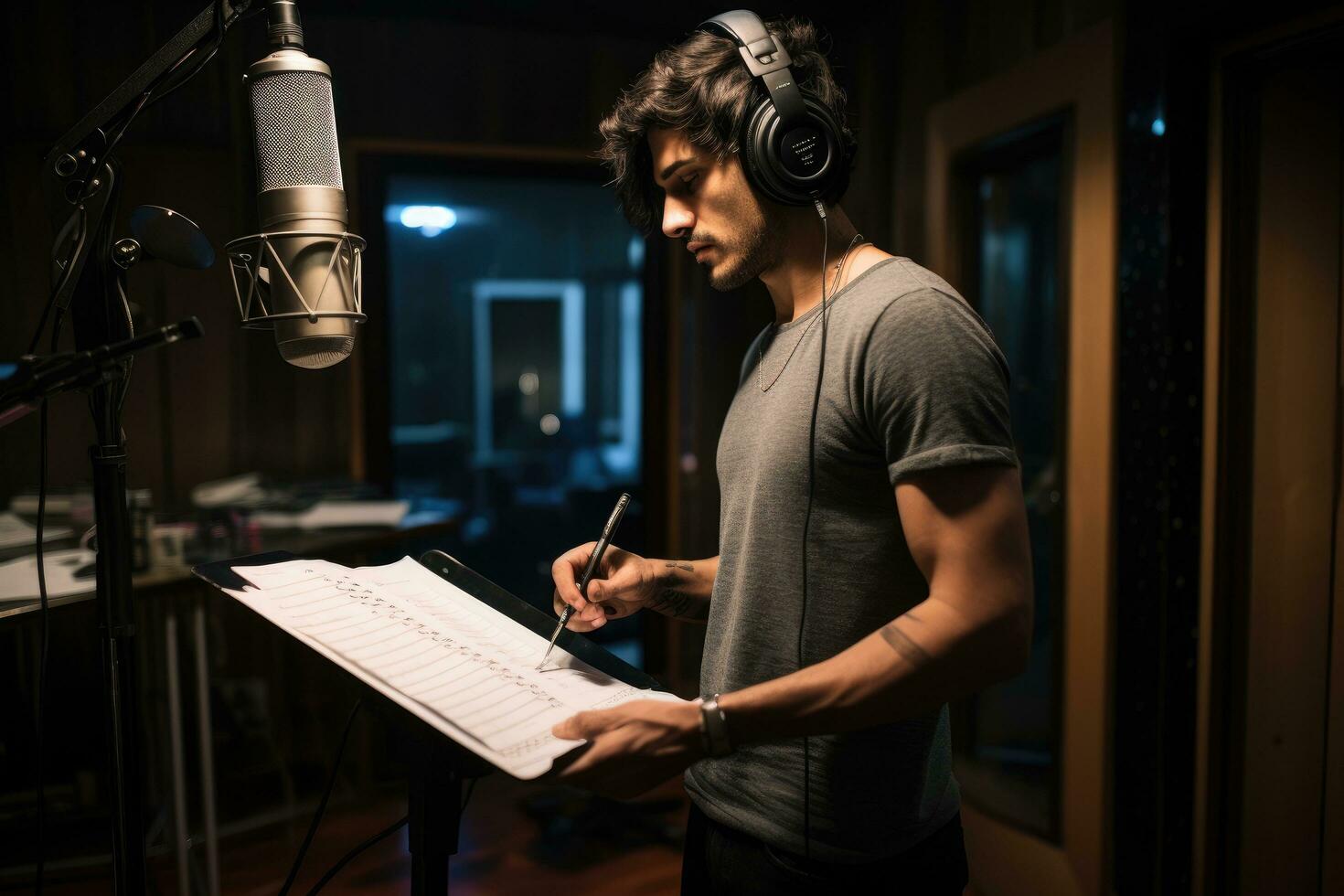 AI generated Young man recording a song in a recording studio, he is writing notes in a notebook, Artist recording a song in the studio, AI Generated photo