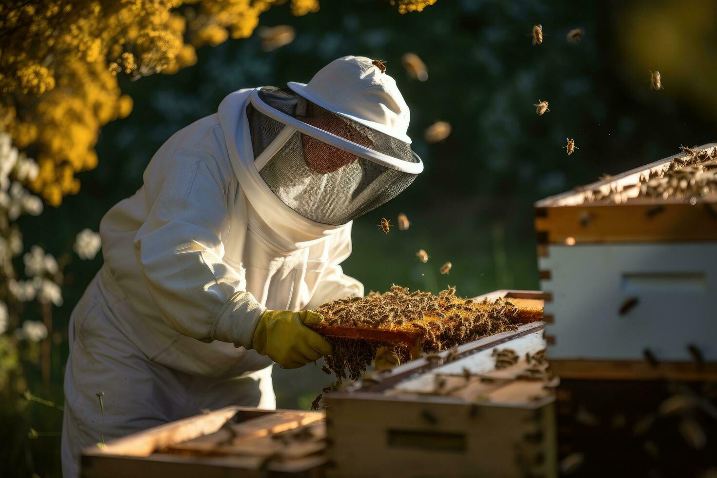 ai generado apicultor trabajando en colmenar, apicultor trabajando con tu abejas a lograr dulce Miel, ai generado foto