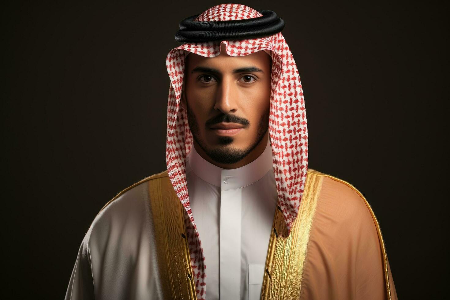 AI generated portrait of arabian businessman wearing traditional clothes in dark studio, Arab Middle Eastern Saudi man in traditional formal thobe and Shemagh, AI Generated photo