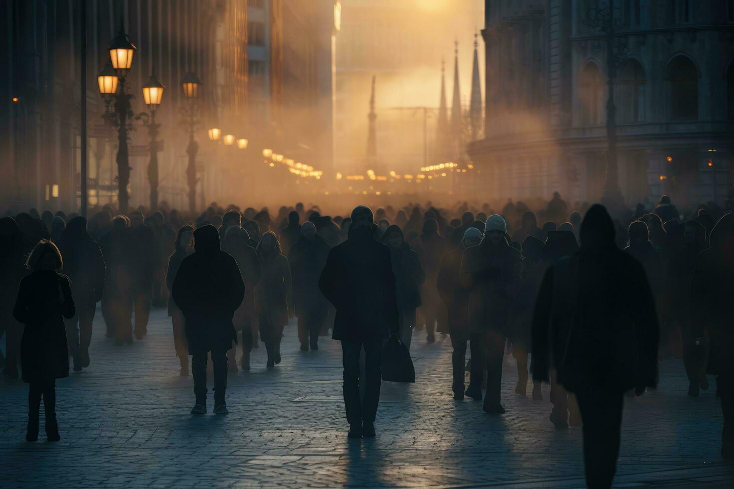 AI generated people walking in the city at night, motion blur, people walking in the street, An anonymous crowd of people walking on a city street, AI Generated photo