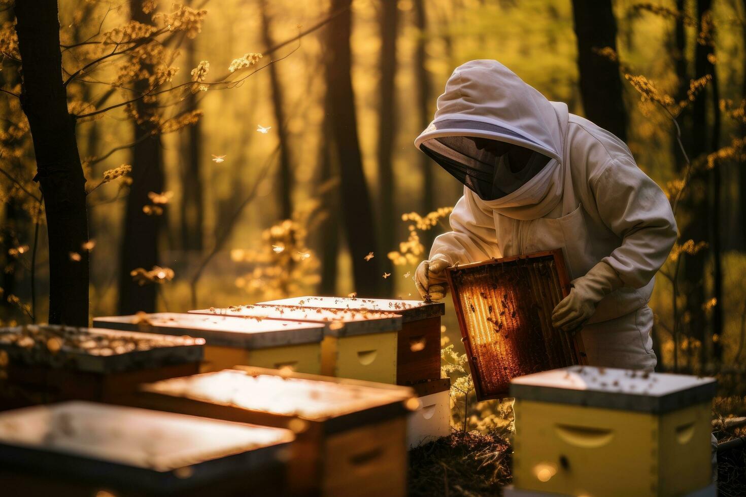 AI generated beehives working in apiary. beekeeping in apiary. beekeeper in the hives, Apiarist working with your bees to achieve sweet honey, AI Generated photo