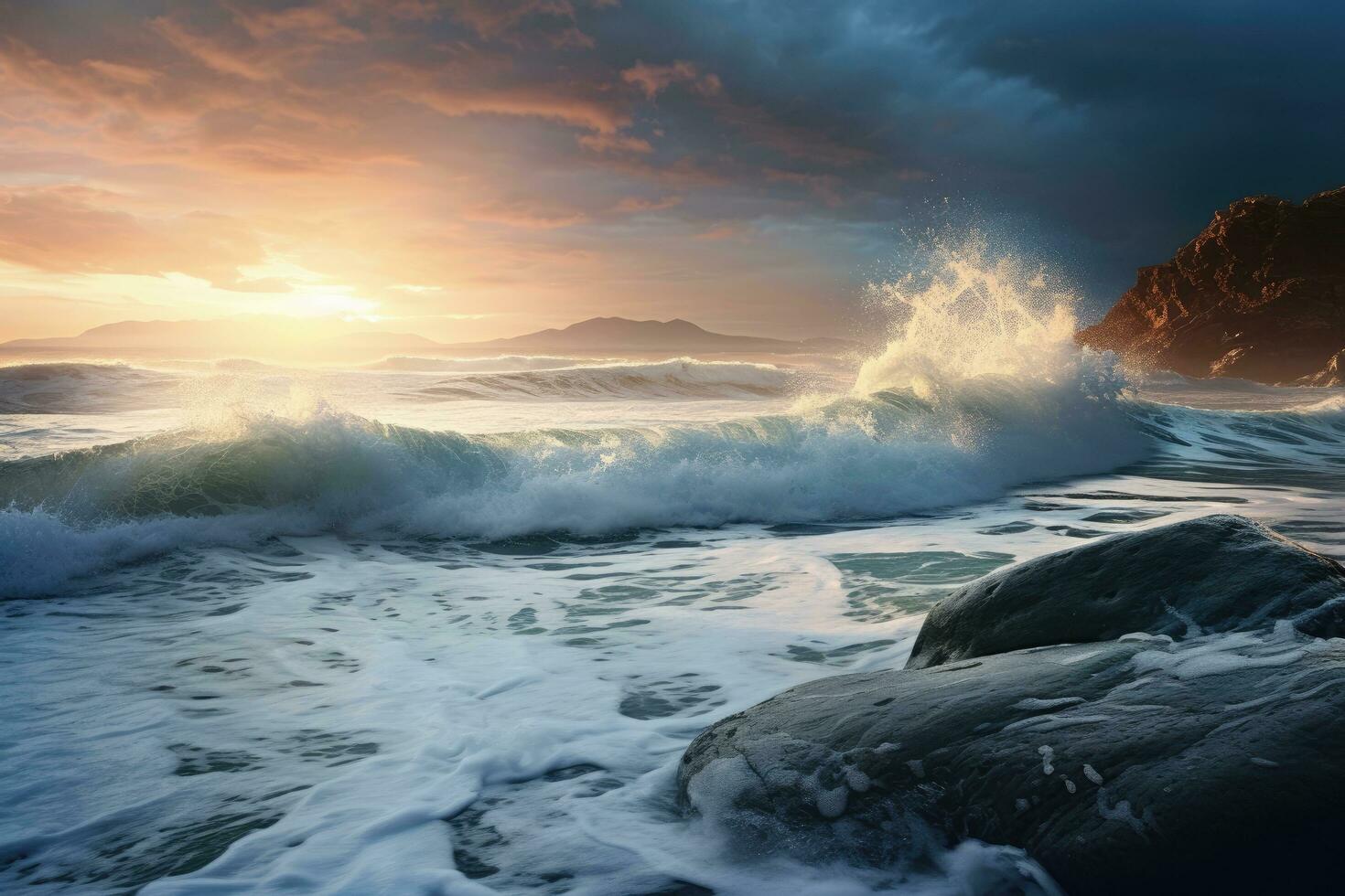 AI generated sea waves and rocks on the beach, An image of a calm ocean with waves gently crashing on the shore, AI Generated photo