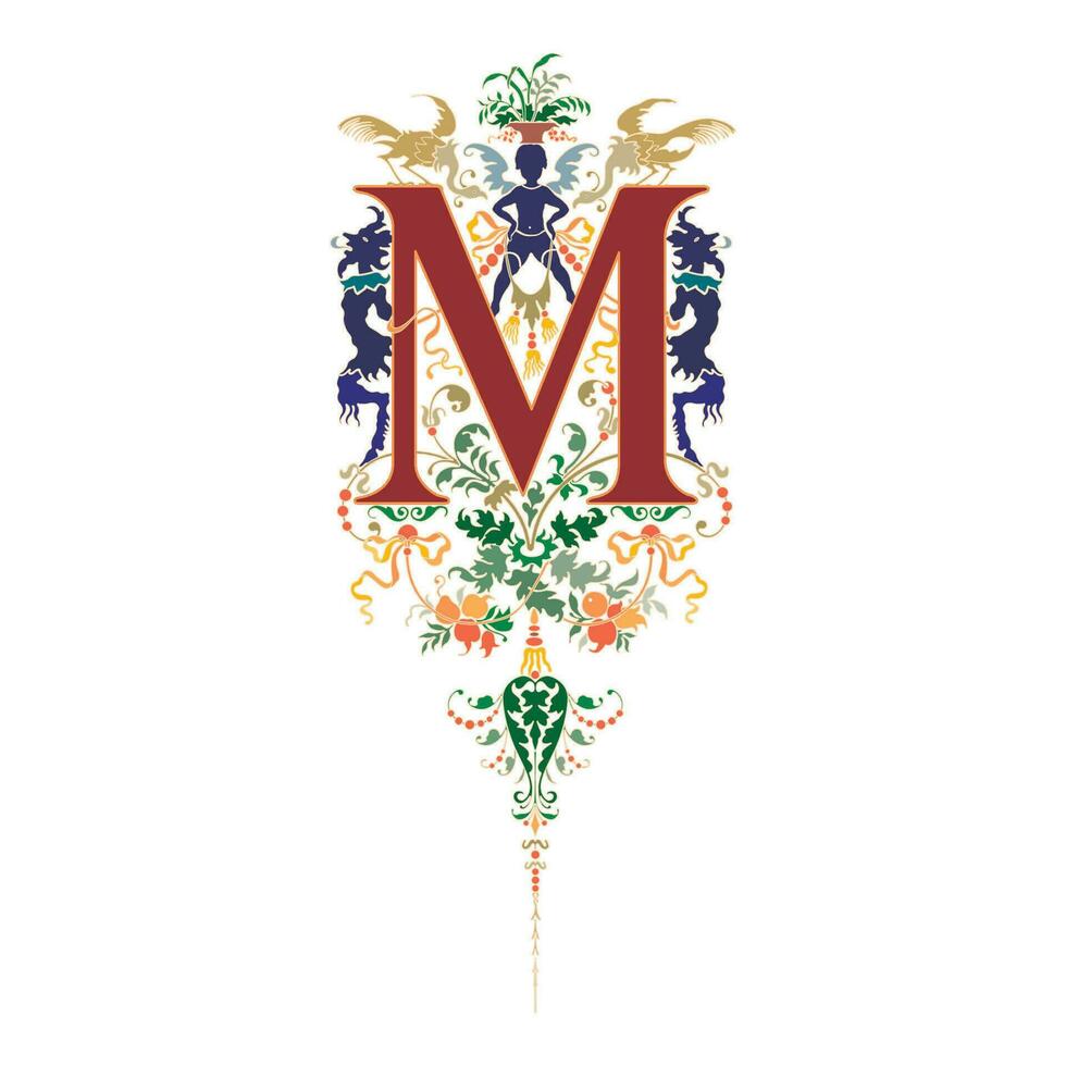 Art Renaissance Initial Caps Font Capital Letter M vector design