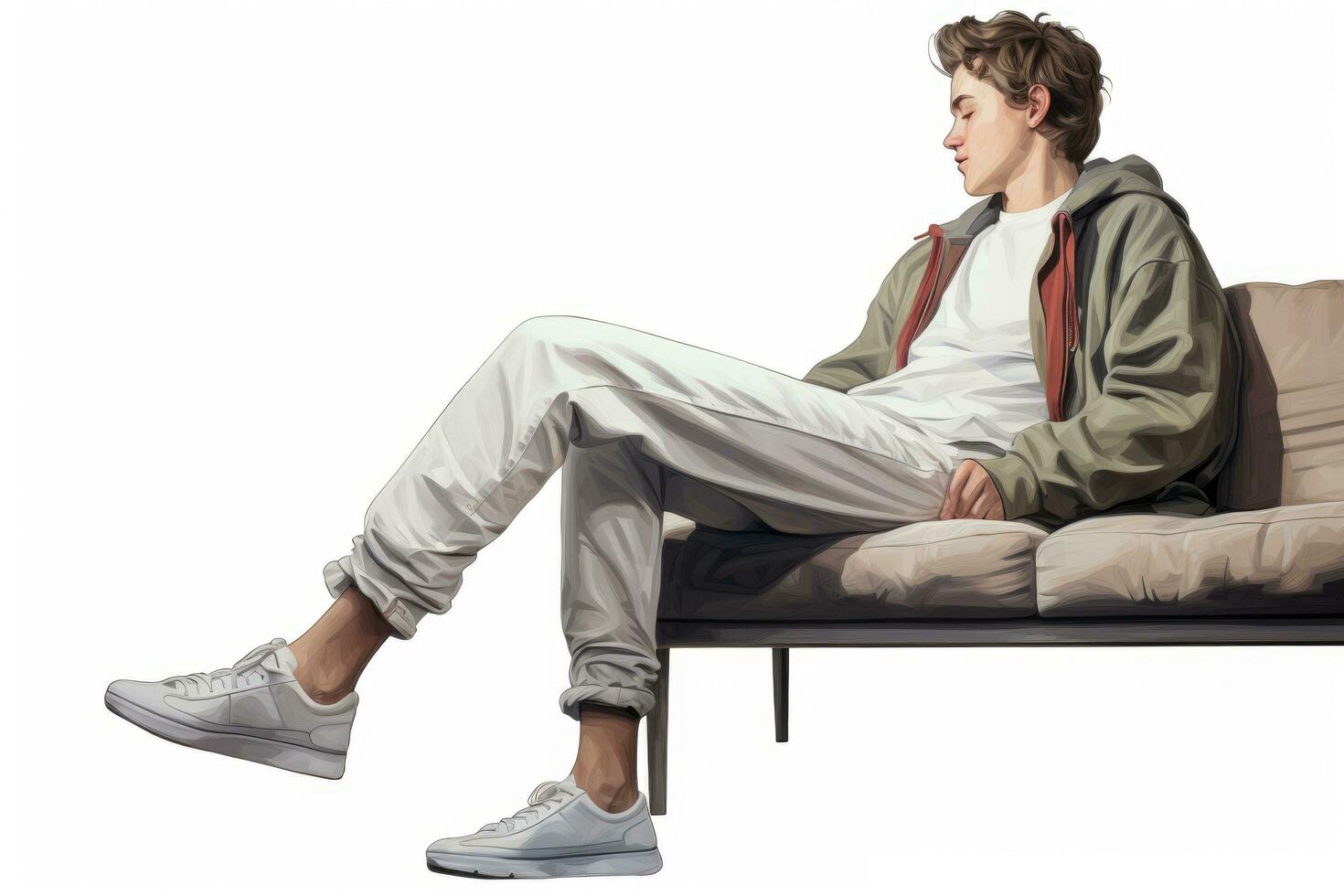 AI generated Teenage boy sitting on sofa against white background with vignette, A young man doing leg stretching, top section cropped, side view, faces not revealed, with no deformation, AI Generated photo