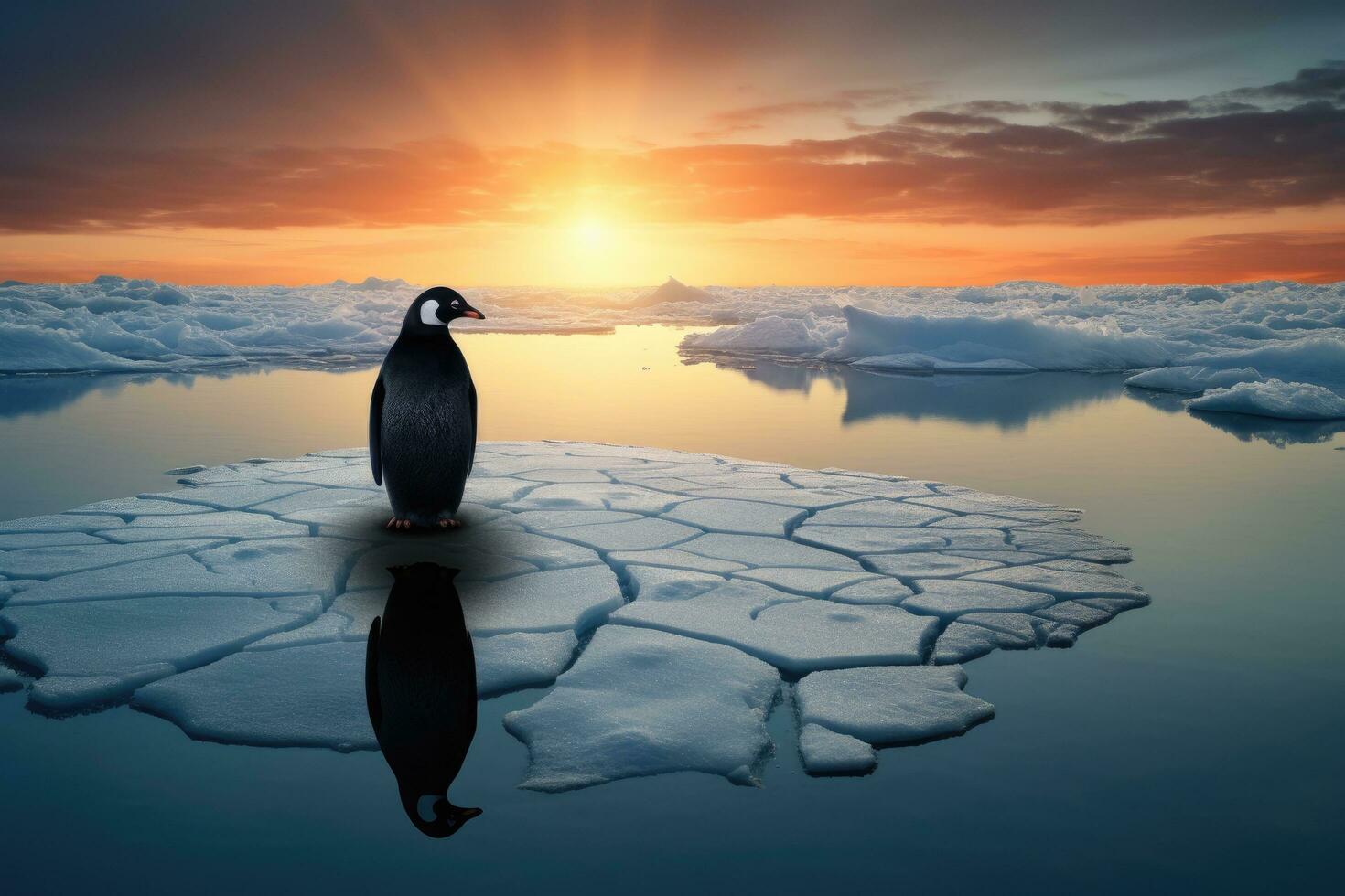 AI generated penguin on ice floe at sunset. 3d render, A lone penguin on a melting ice floe representing climate change and global warming, AI Generated photo