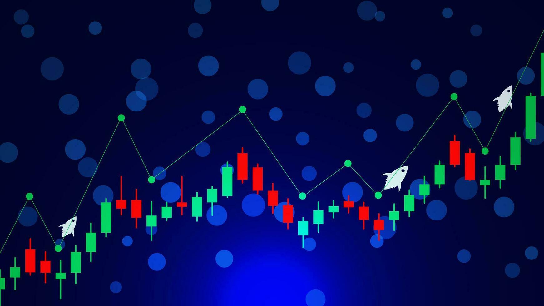 Business growth, financial investment and stock market trading with candlestick trend graph and rocket launch. Finance growing up concept. Vector illustration.