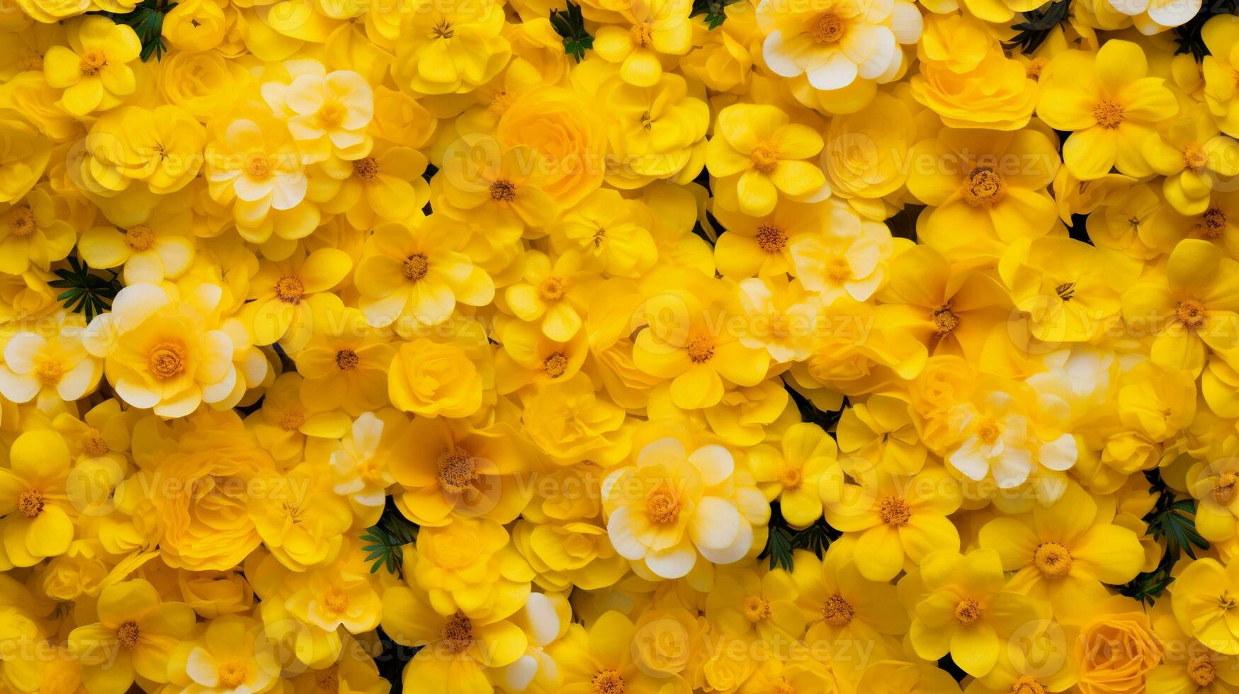 AI generated Yellow floral background, close-up of beautiful yellow floral background, top view. Yellow floral background. Botany, floristry, texture and flora concept in yellow tones. photo