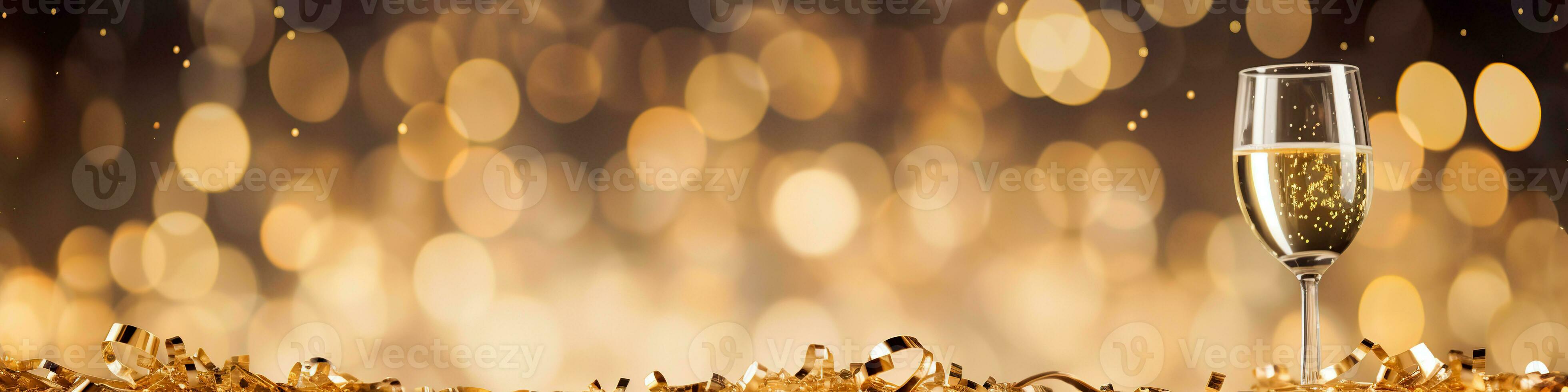 AI generated New year party champagne glass with bokeh banner copy space. photo