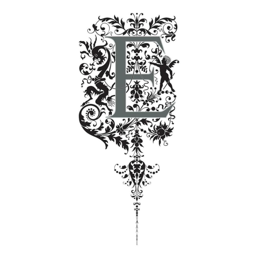 Art Renaissance Initial Caps Font Capital Letter E vector design