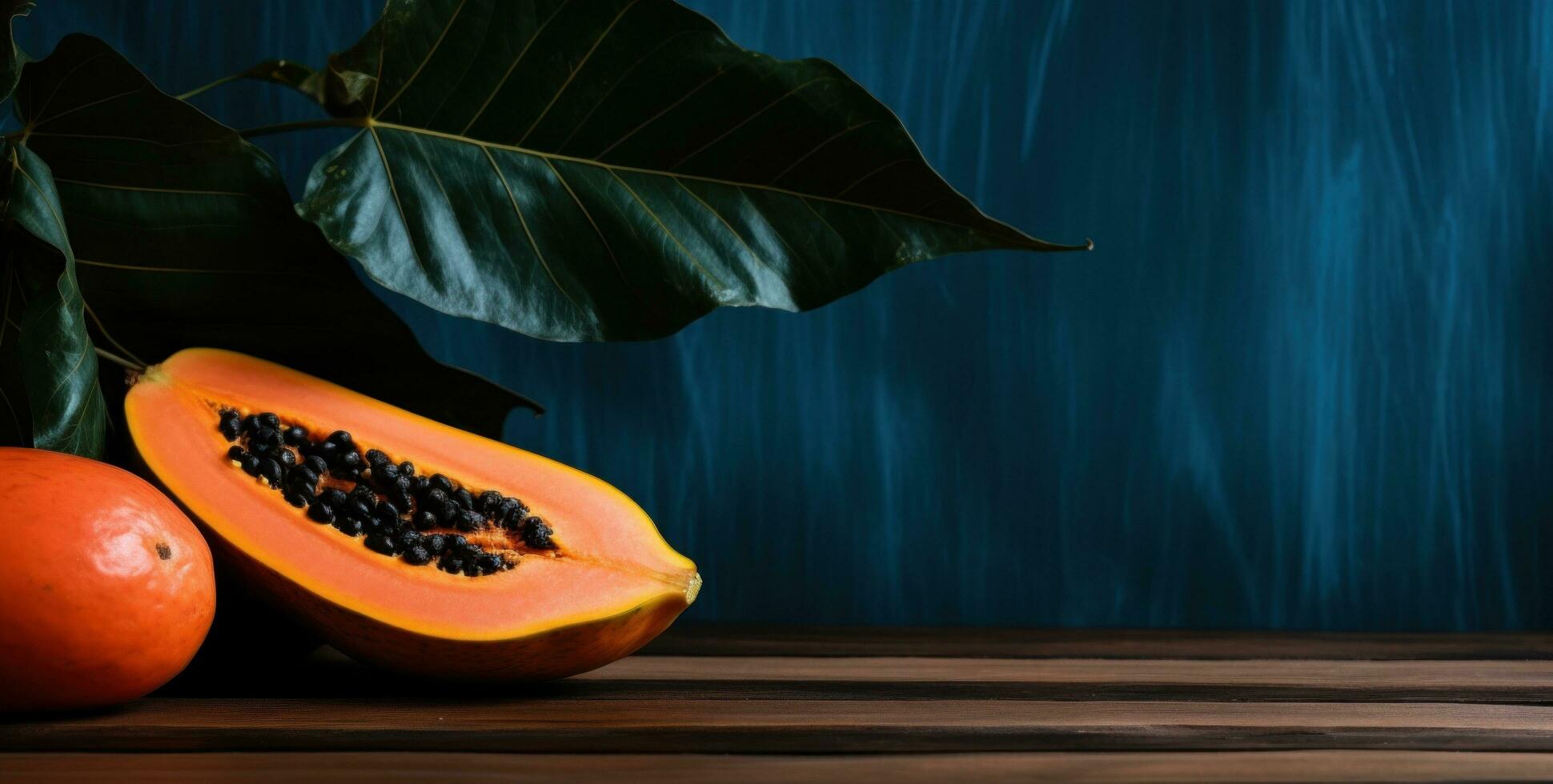 AI generated papaya cut in half on a wooden wooden board with leaves photo