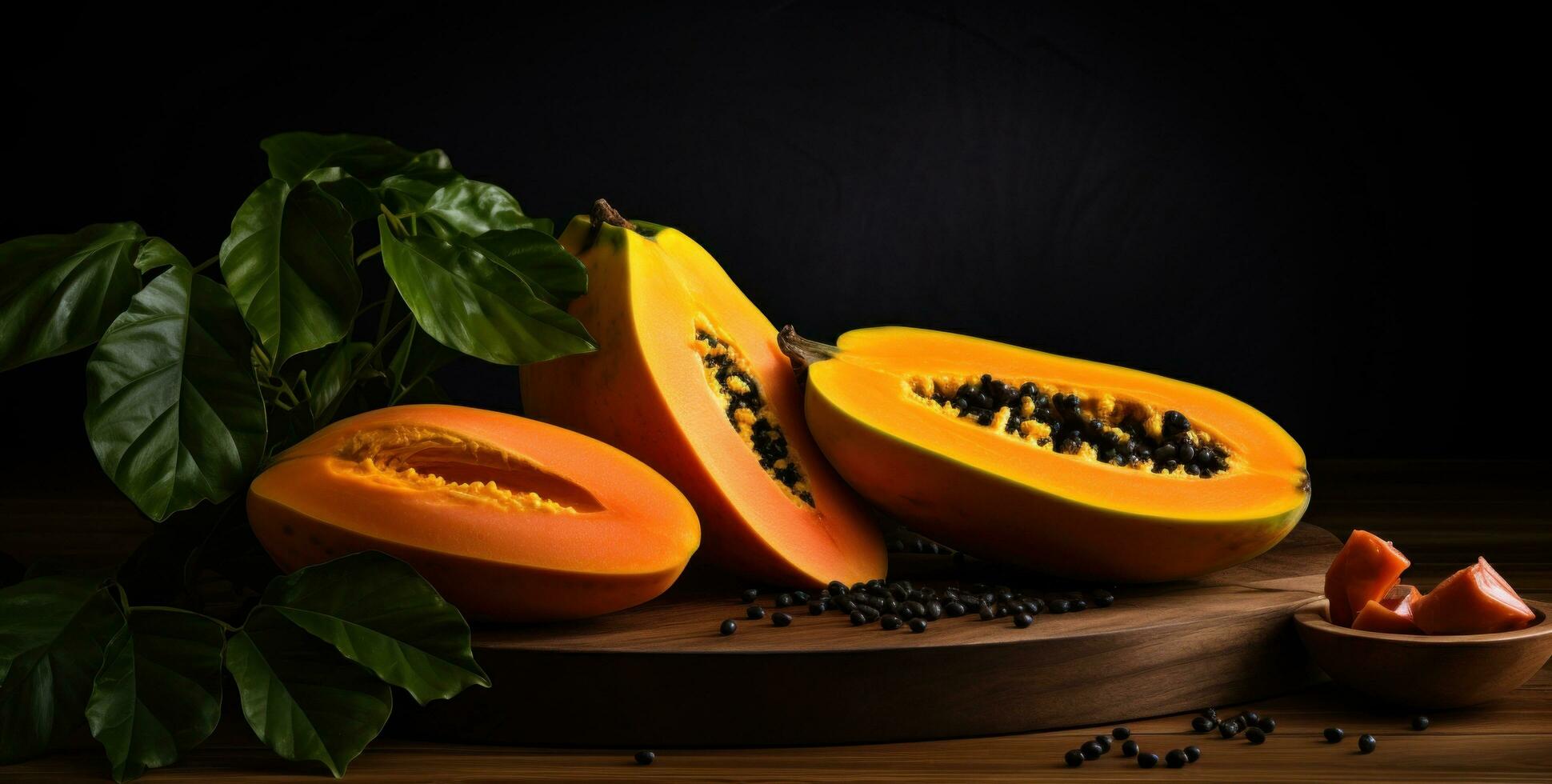 AI generated papaya cut in half on a wooden wooden board with leaves photo