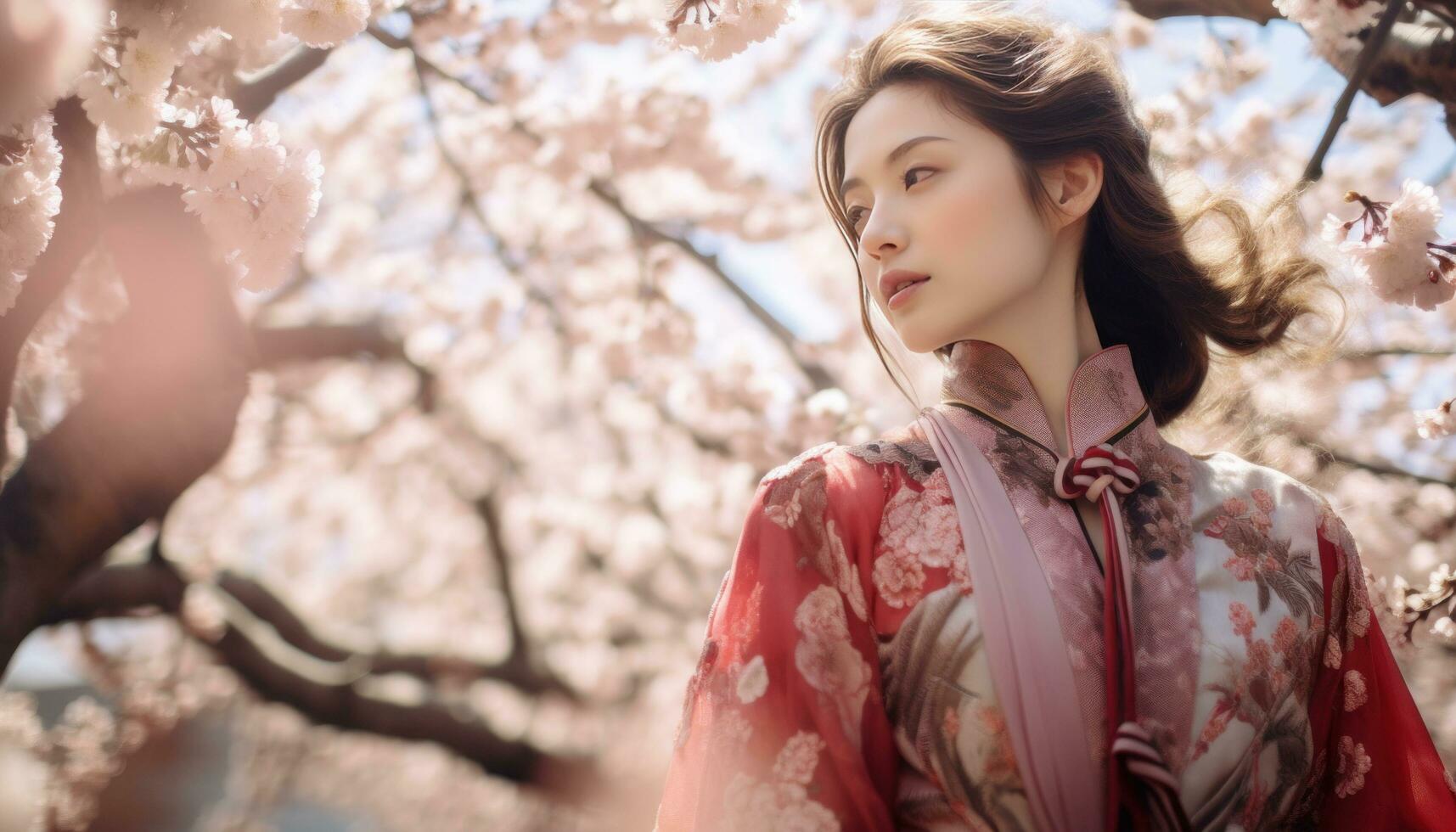 AI generated woman of chinese heritage in a traditional outfit walking through blossoming trees photo