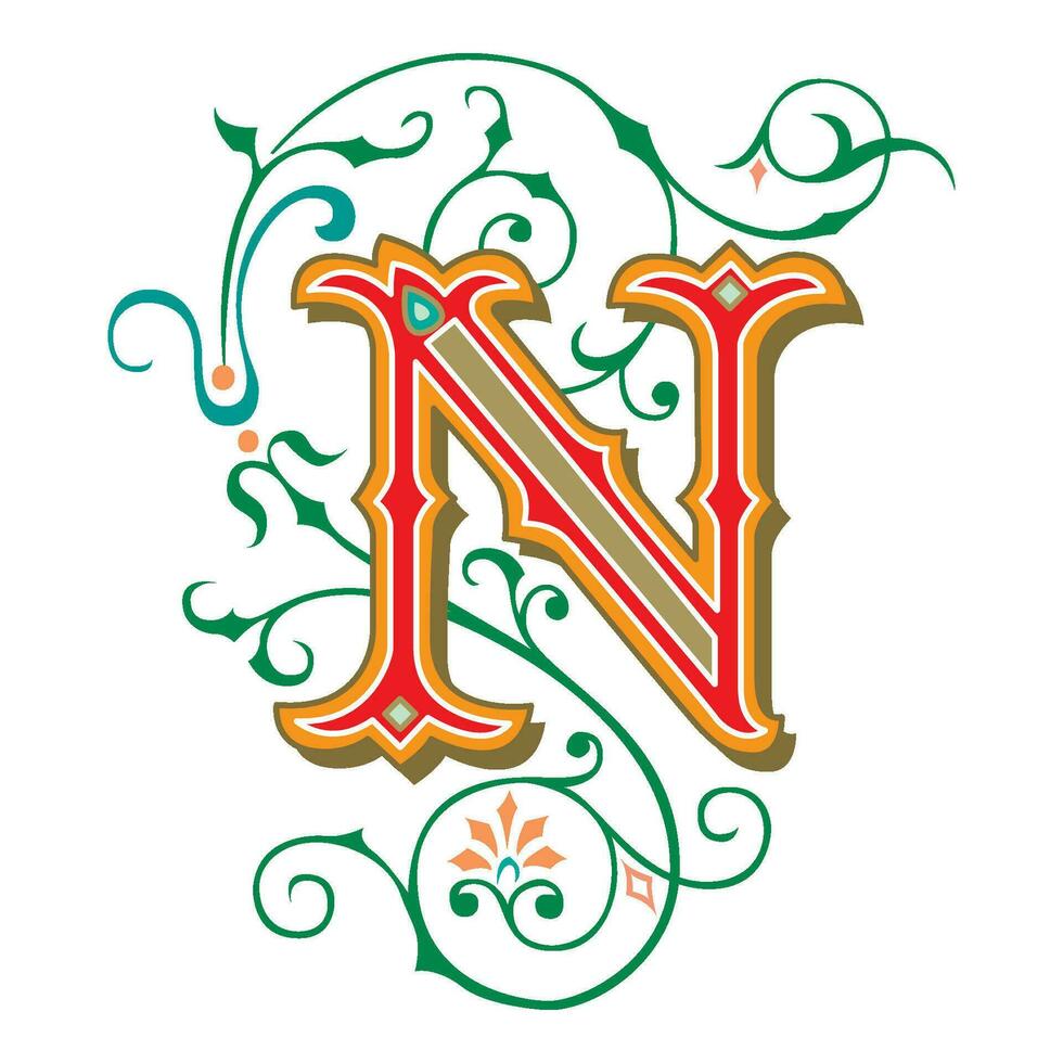 Arte toscano inicial tapas fuente capital letra norte vector diseño