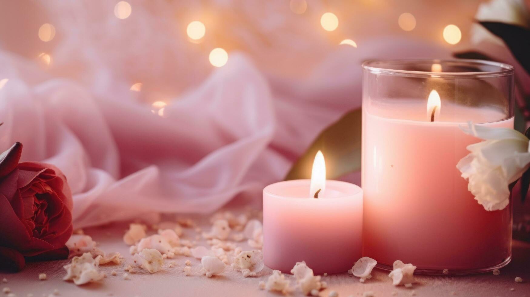 AI generated Wedding background, candles, delicate decor, and space for love-filled declarations photo
