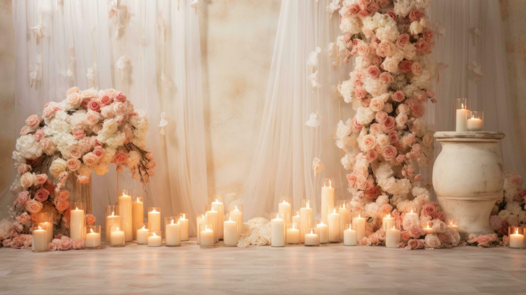 AI generated A dreamy wedding background, roses, candlelight, and space for lasting commitments photo