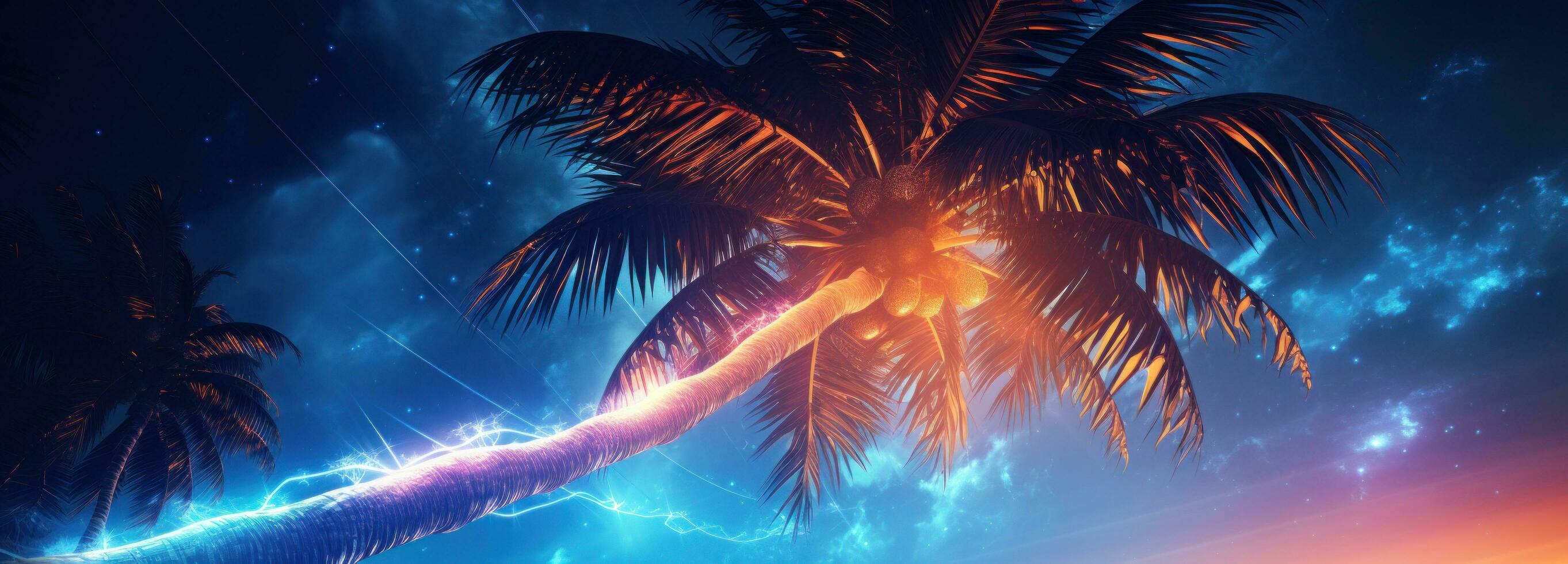 AI generated palm tree with lights at night photo
