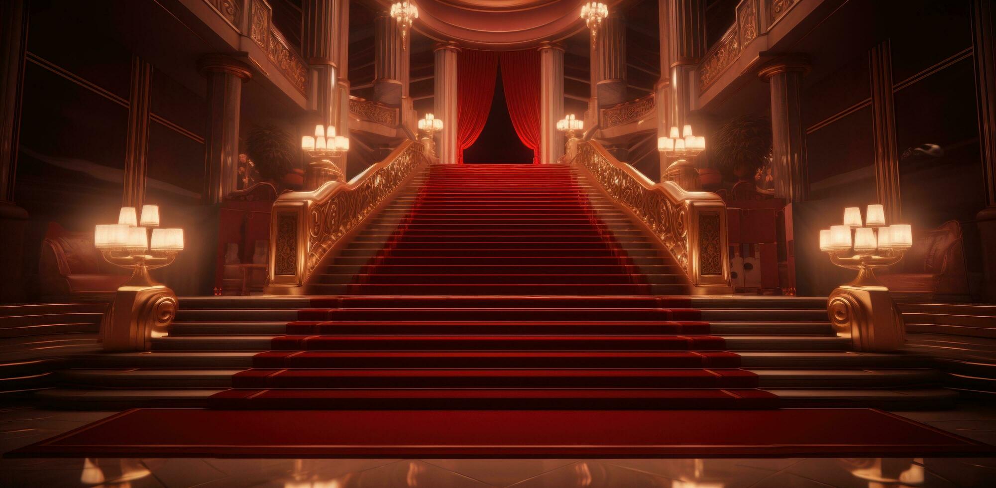 AI generated red carpet and gold ropes at a golden staircase photo