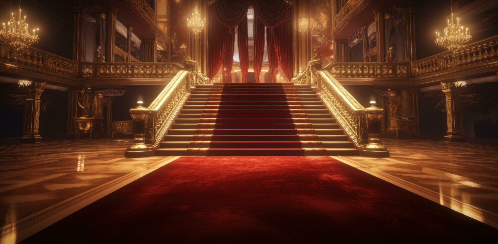 AI generated red carpet and gold ropes at a golden staircase photo