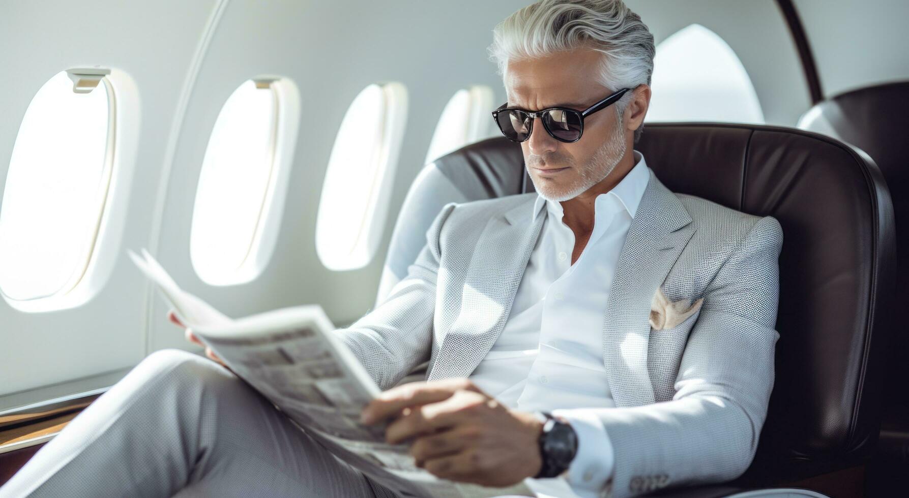 AI generated man sitting on the seat of his plane in sunglasses reading a newspaper photo