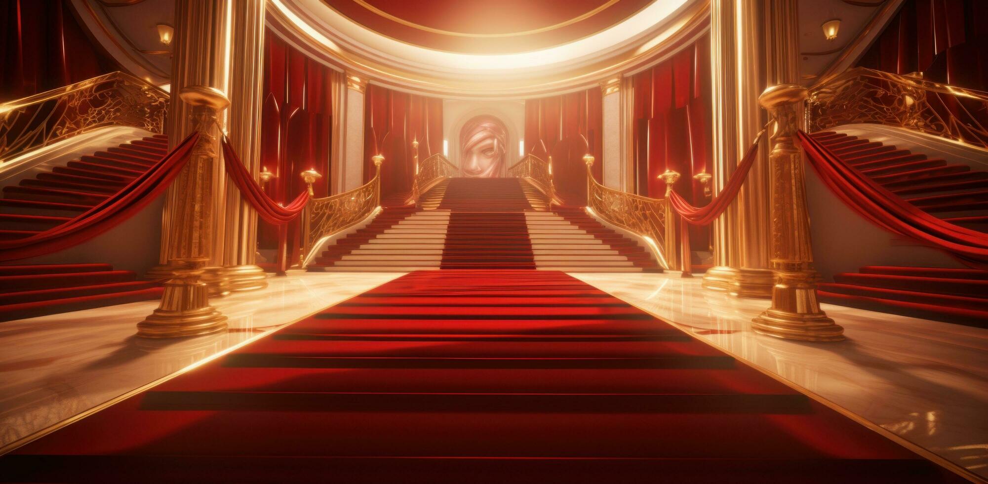 AI generated red carpet and gold ropes at a golden staircase photo