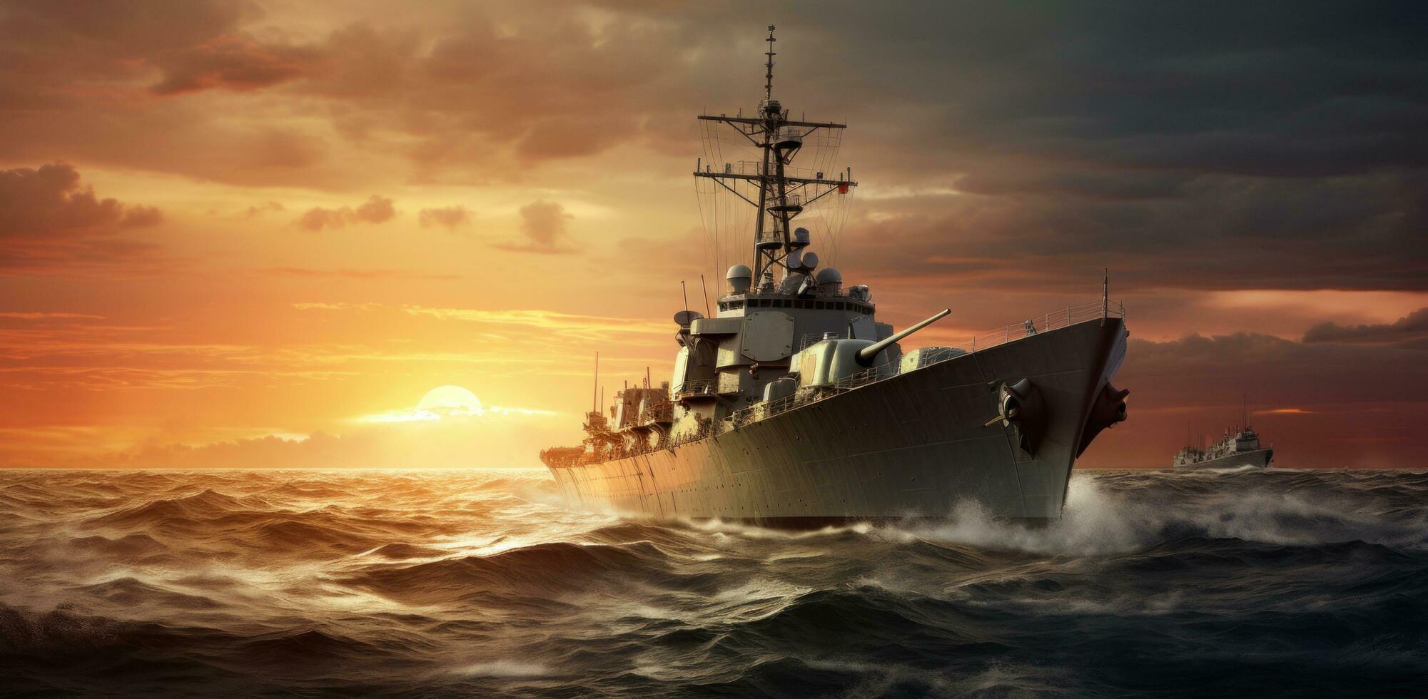 AI generated pacific warship in the ocean at sunrise photo