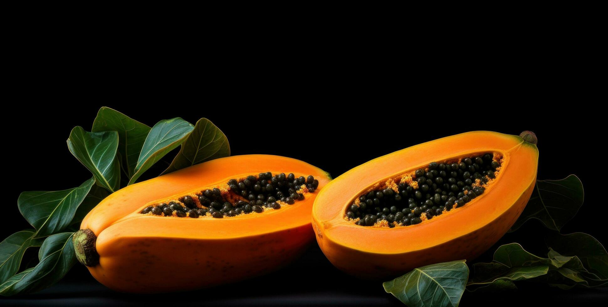 ai generado dos papaya son mostrado en un negro mesa foto